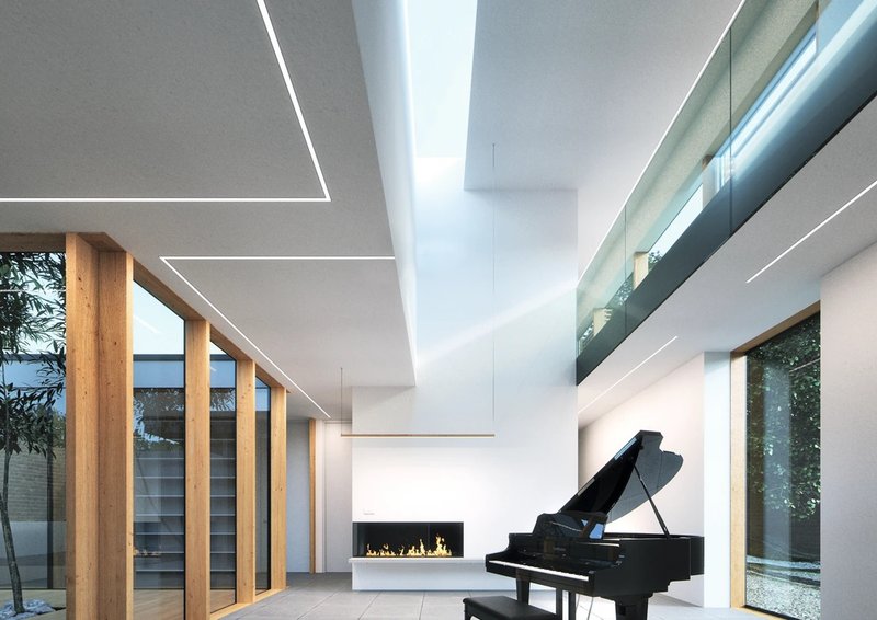 Moderne Architektur mit integrierten LED Lichtleisten in Decke und Wänden